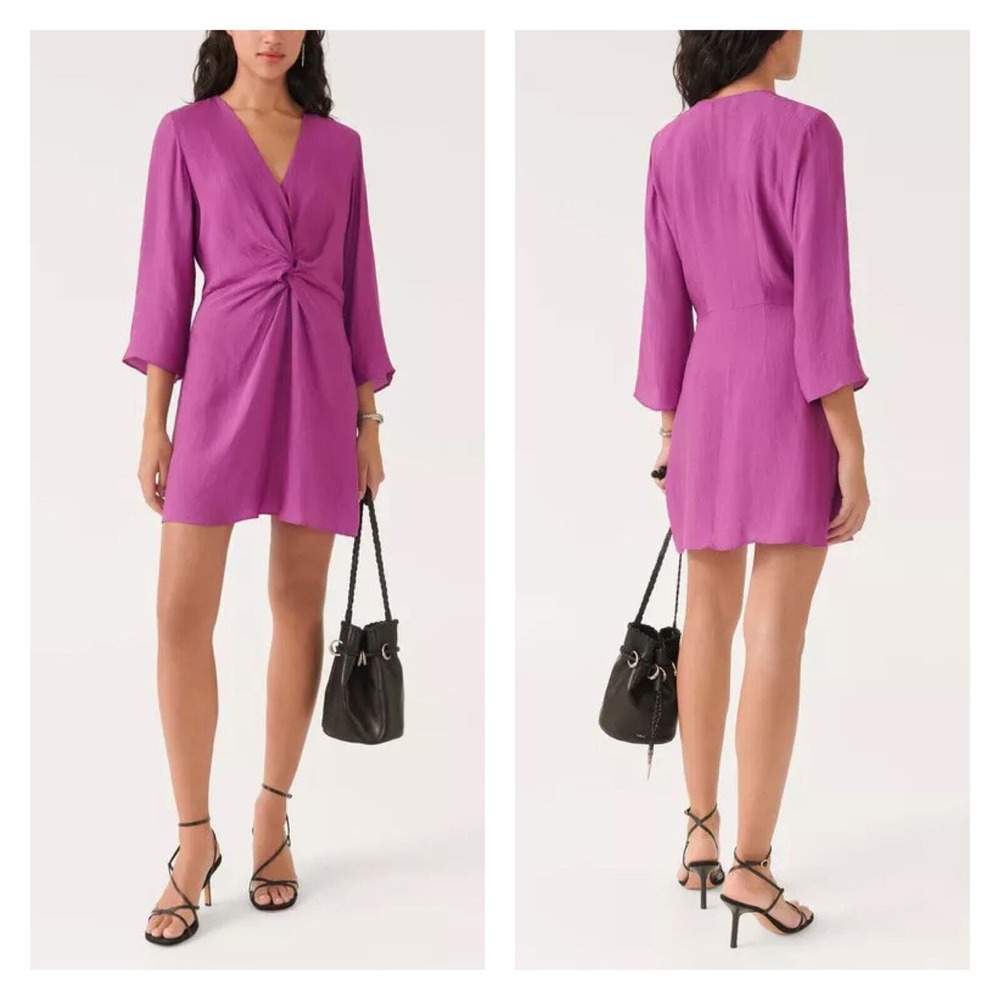 ba&sh BA&SH Gothie Mini Dress Women Small Violet Twist Front V-Neck 3/4 Sleeve